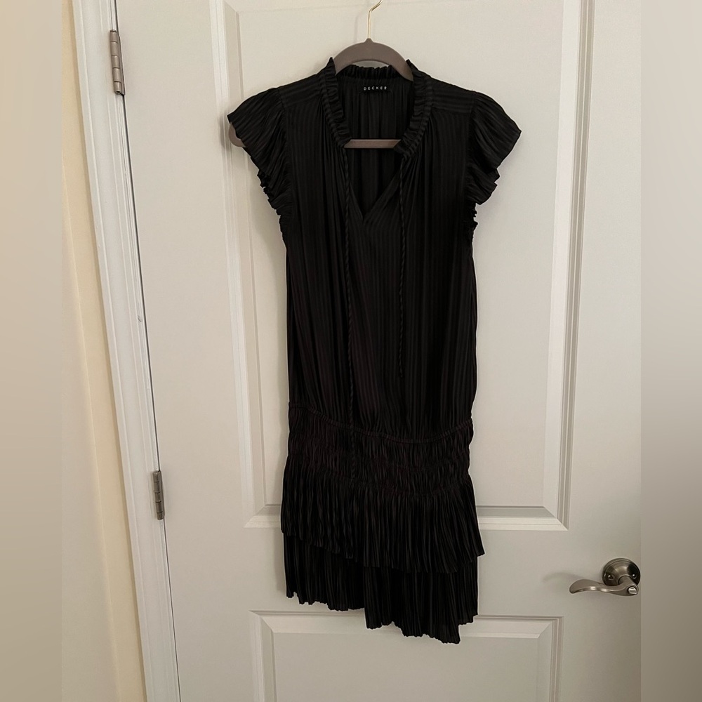 Decker black silky mini dress.